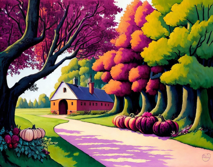 Colorful countryside painting with house, trees, path, and pumpkins under pink sky