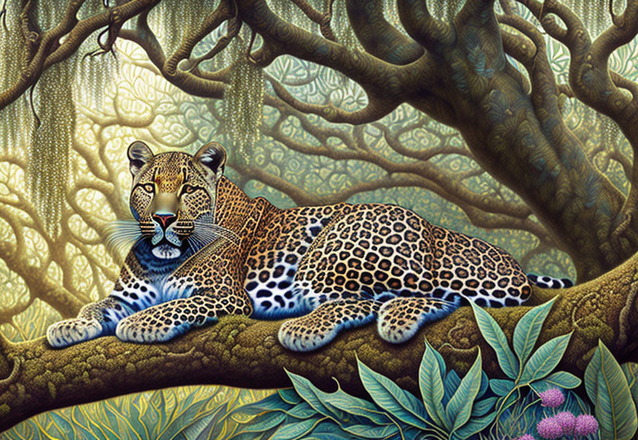 Leopard resting on lush jungle tree branch