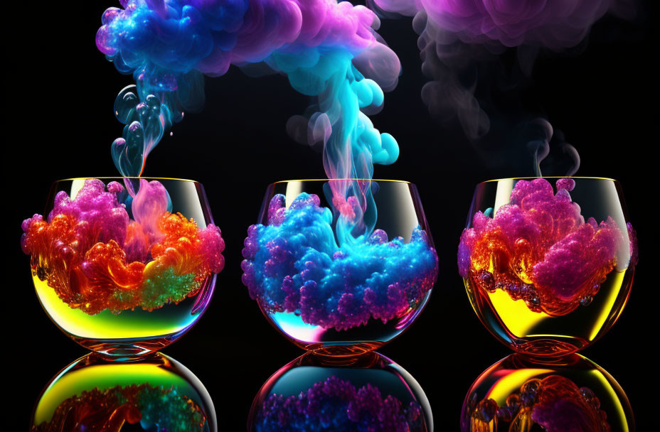 Vibrant colorful smoke in glass bowls on black background