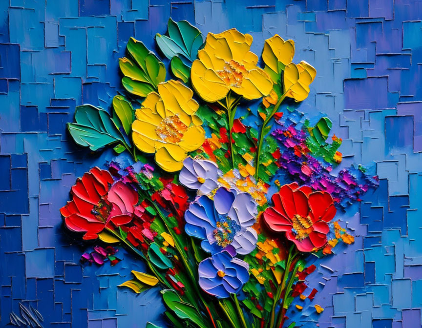 Vibrant 3D Metal Wall Art of Colorful Flowers on Blue Background