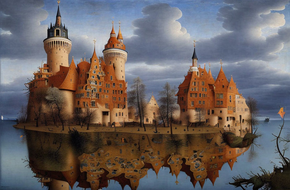 Surreal painting: Floating castles, paper boat, barren trees