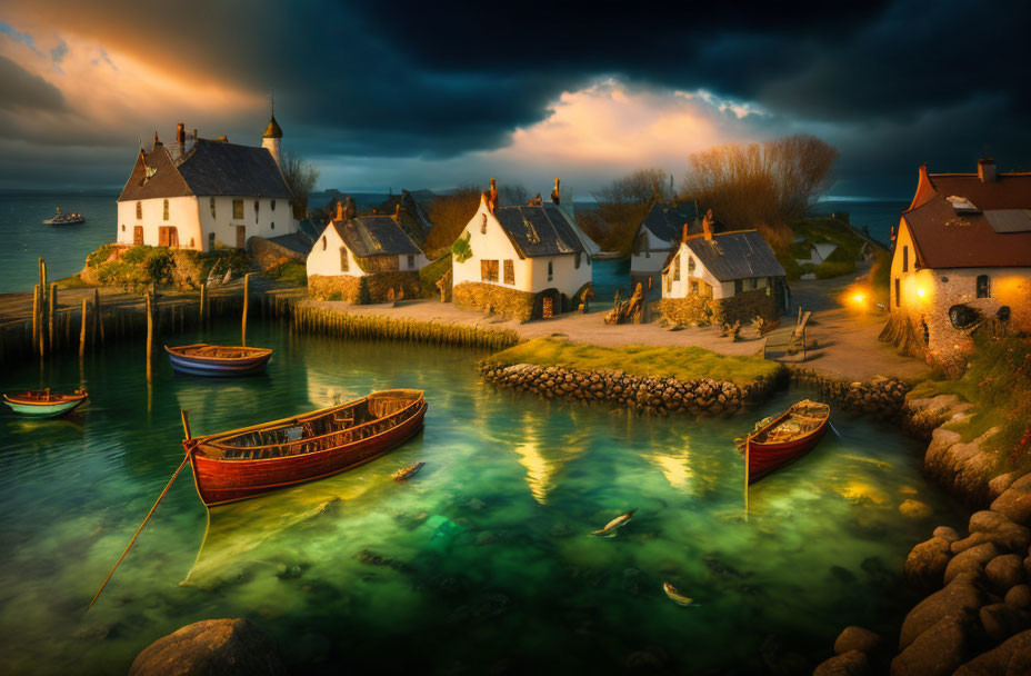 Scenic seaside village at sunset with turquoise waters, traditional houses, boats, and dramatic clouds.