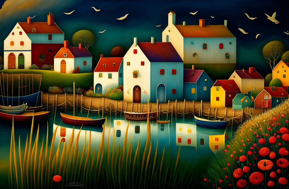 Tranquil village scene by a still lake with boats and whimsical houses