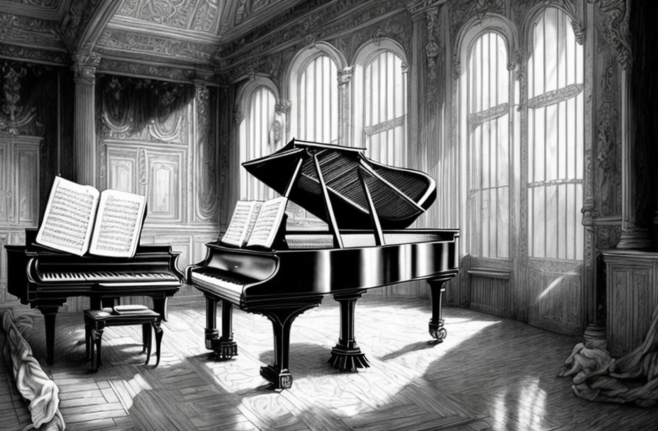Sunlit Room with Grand Piano and Sheet Music for Recital