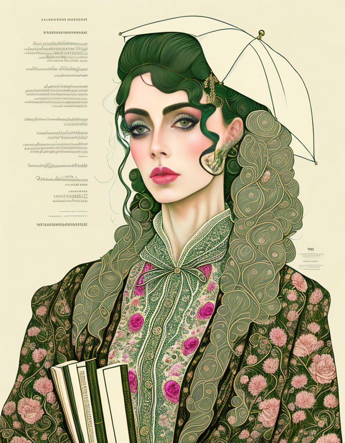 Illustration of woman with green hair, parasol, floral jacket, and books against text background