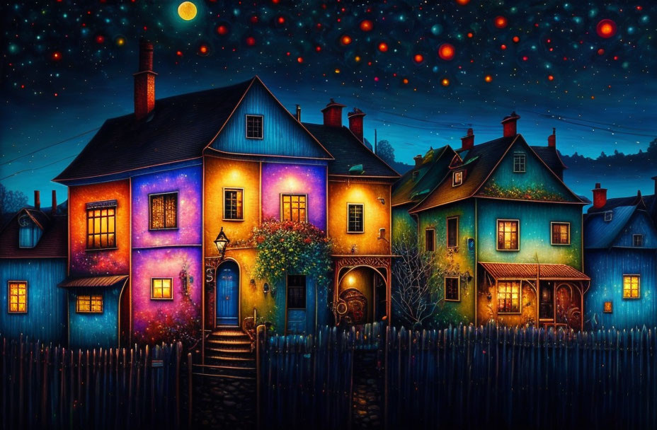 Vibrant night scene: colorful houses, starlit sky, wooden fence