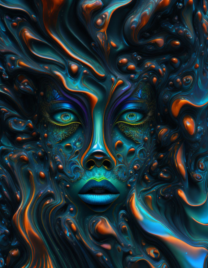 Colorful digital artwork: Intricate face with blue, orange, and green textures