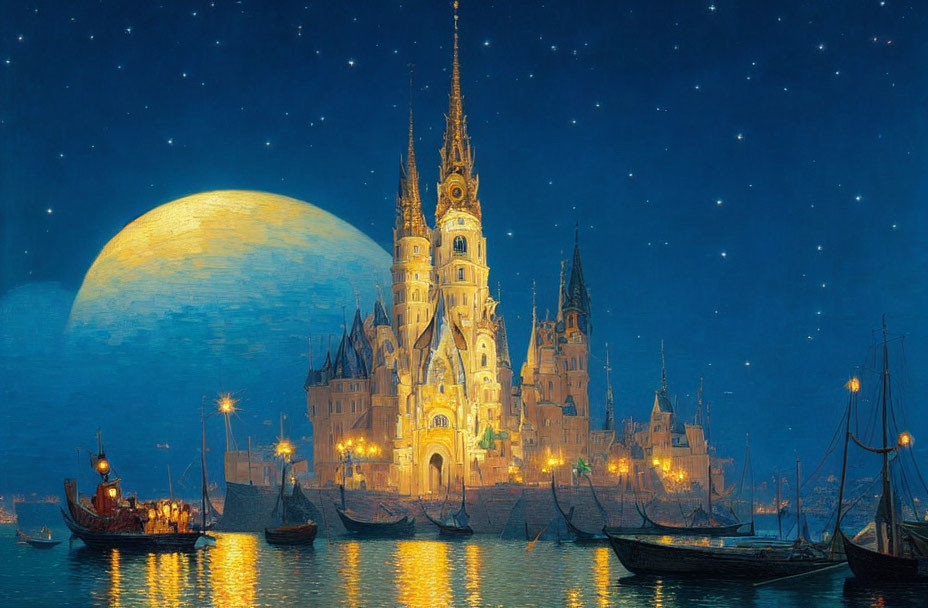 Majestic castle illuminated by moonlight over serene waters