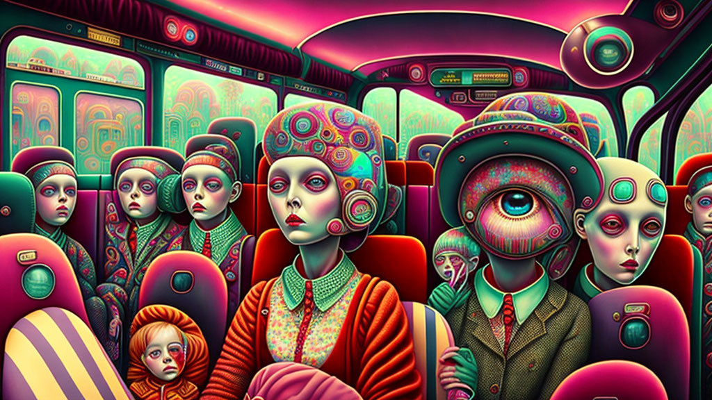 Colorful bus with stylized characters & oversized eyes in surreal cityscape