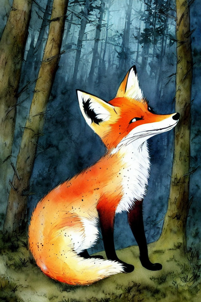 Illustrated red fox in misty forest with dark trees and blue background