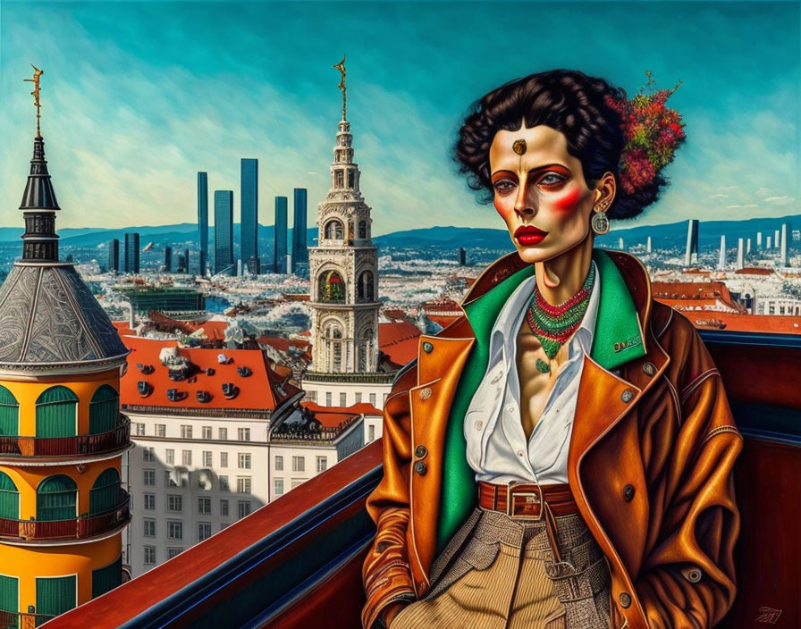 Colorful painting of woman with avant-garde makeup & fashion on balcony overlooking diverse cityscape.