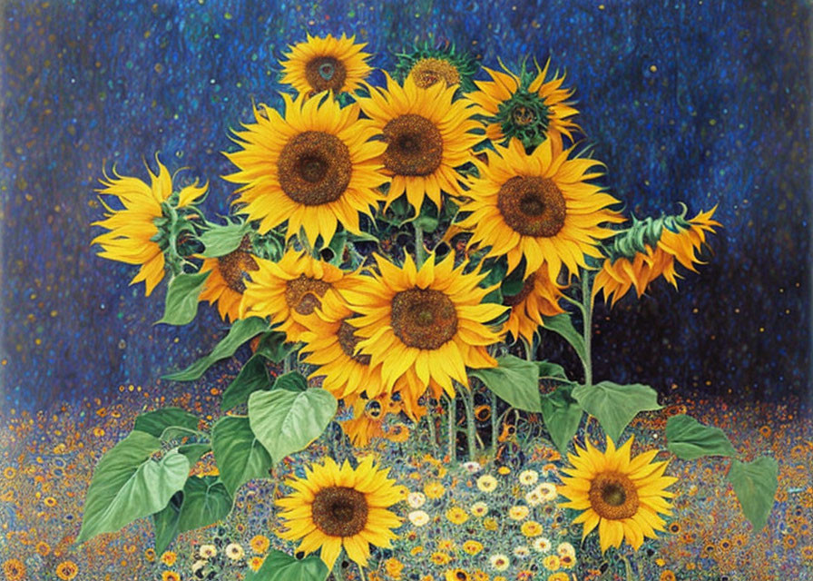 Colorful Sunflower Bouquet Painting on Starry Blue and Gold Background