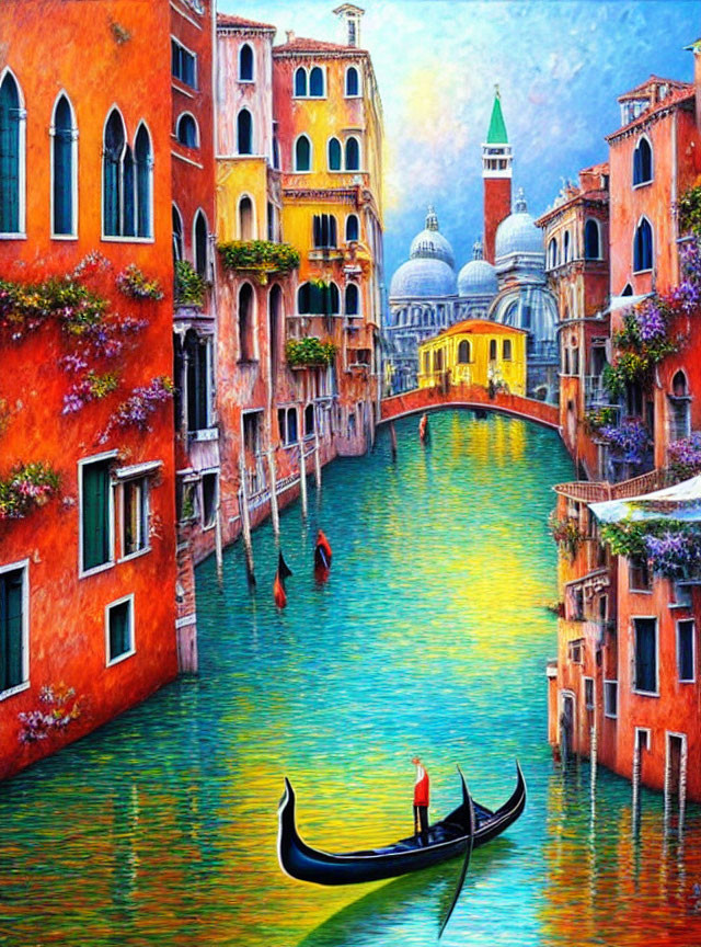 Colorful Venetian canal painting with gondola and Basilica view