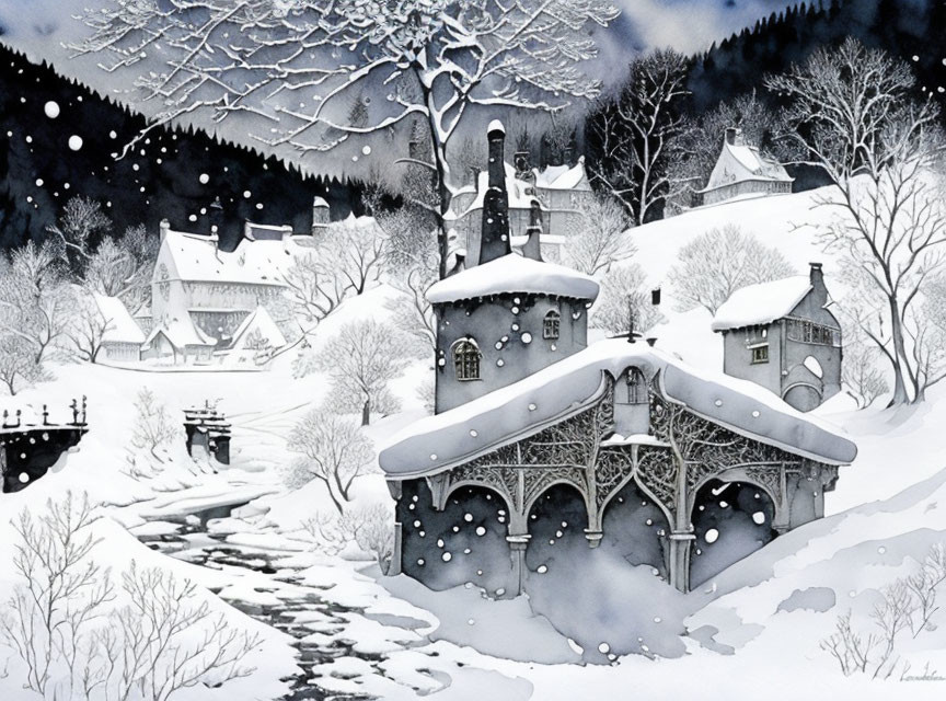 Monochrome snowy landscape with bridge-house and village