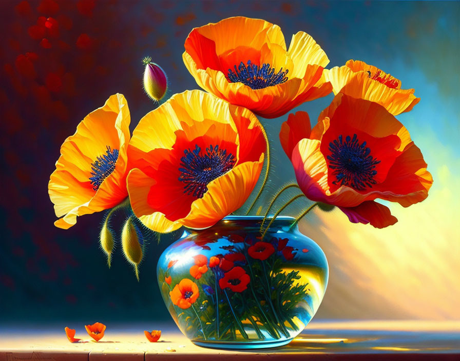 Bright red poppies in clear vase on red and blue gradient background