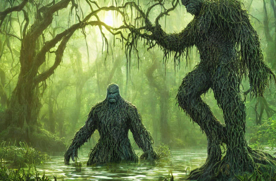 Mythical tree-like creatures in misty forest