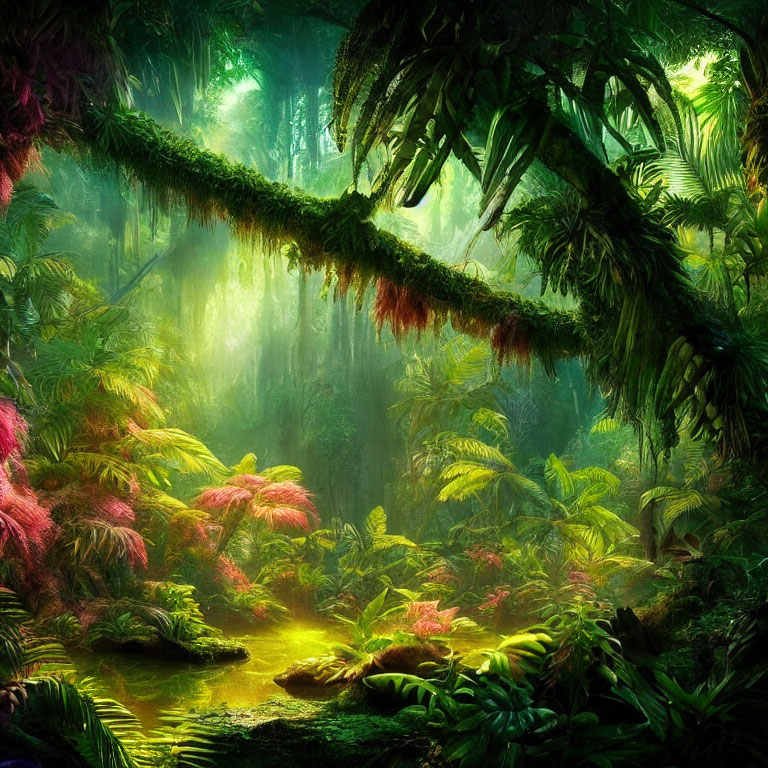 Sunlit Rainforest with Vibrant Foliage and Serene Pool