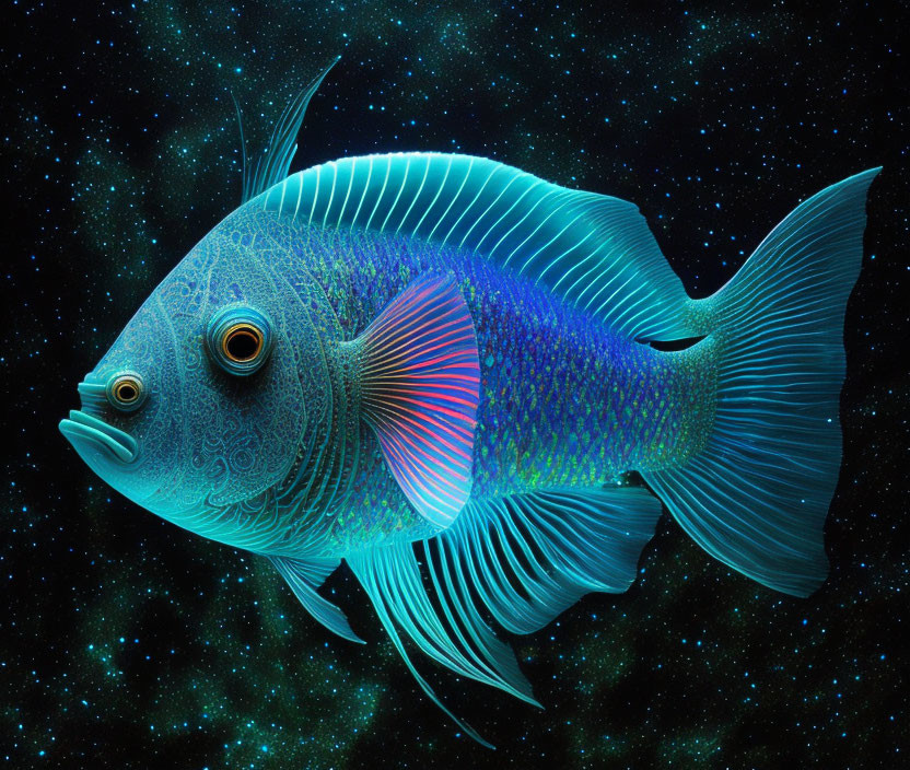 Colorful Fish with Intricate Patterns Against Cosmic Background