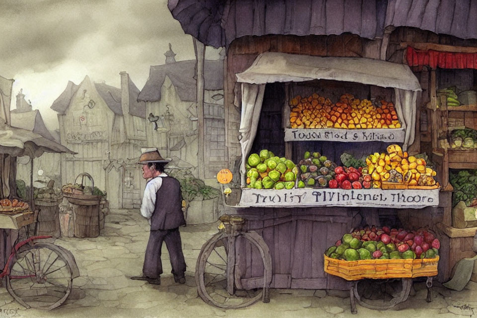 Man in hat views vibrant fruit stand in vintage street market