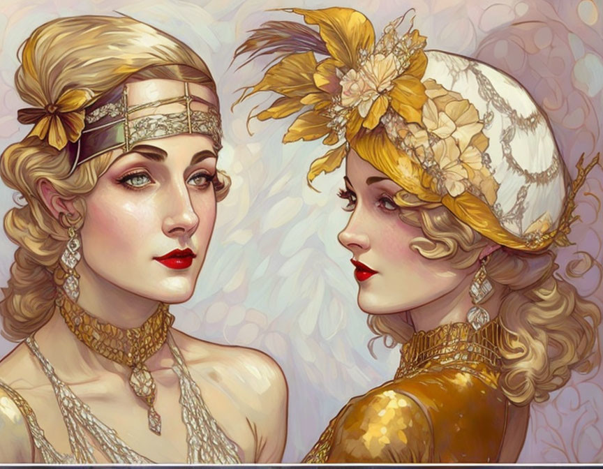 Vintage 1920s Women in Elaborate Attire with Gold Tones