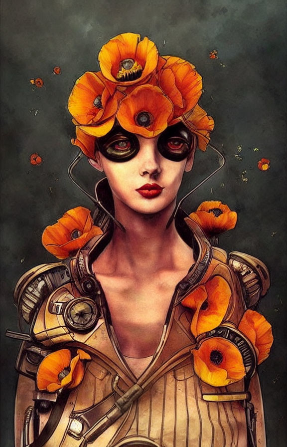 Stylized portrait of woman with orange poppies, grey skin, black eyes, and biomechan