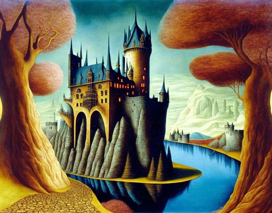 Majestic castle on cliffs with surreal trees and river in surreal painting