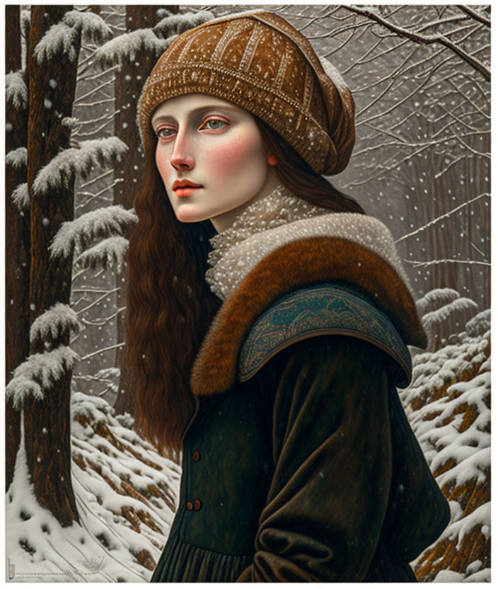 Woman with Long Brown Hair in Winter Forest Snow Scene