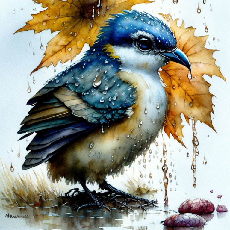 Blue and White Bird with Water Droplets Next to Autumn Leaves and Berries