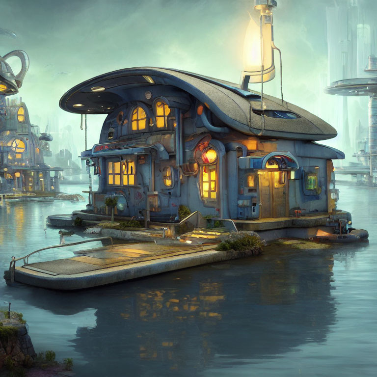 Futuristic floating building with boat dock in misty cityscape