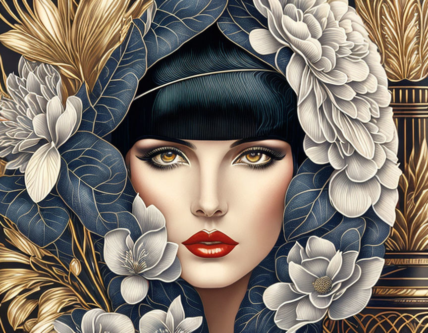 Illustrated Woman with Striking Eyes and Red Lips in Golden Floral Surroundings