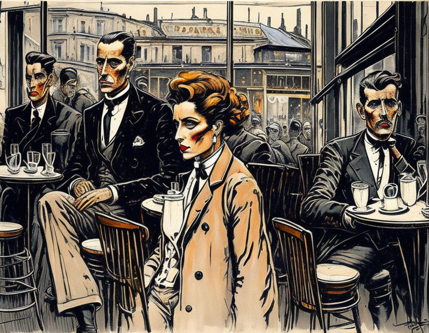 Illustration of characters in vintage attire at a cafe with a bustling street.