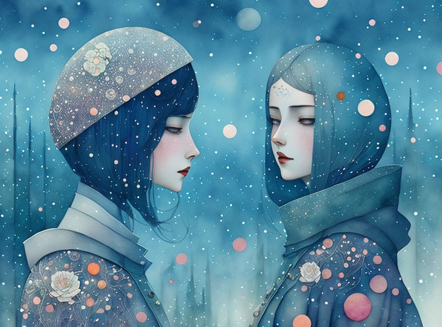 Illustrated female characters in blue headscarves under snowy night sky with colorful orbs