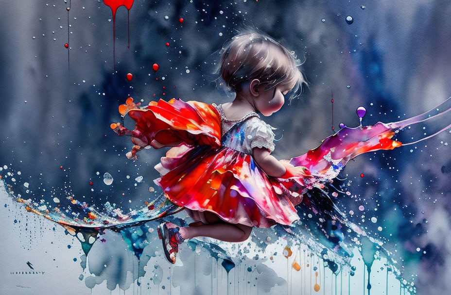 Colorful artistic illustration: Young girl in red dress levitating among paint droplets