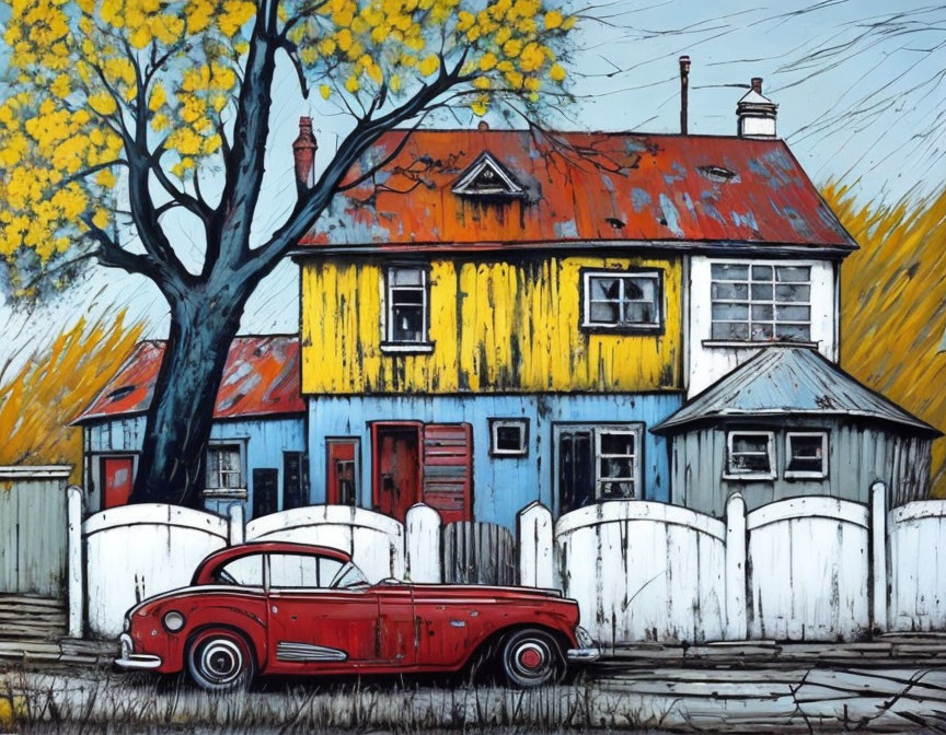 Vibrant painting of quaint house, vintage car, picket fence, and yellow tree