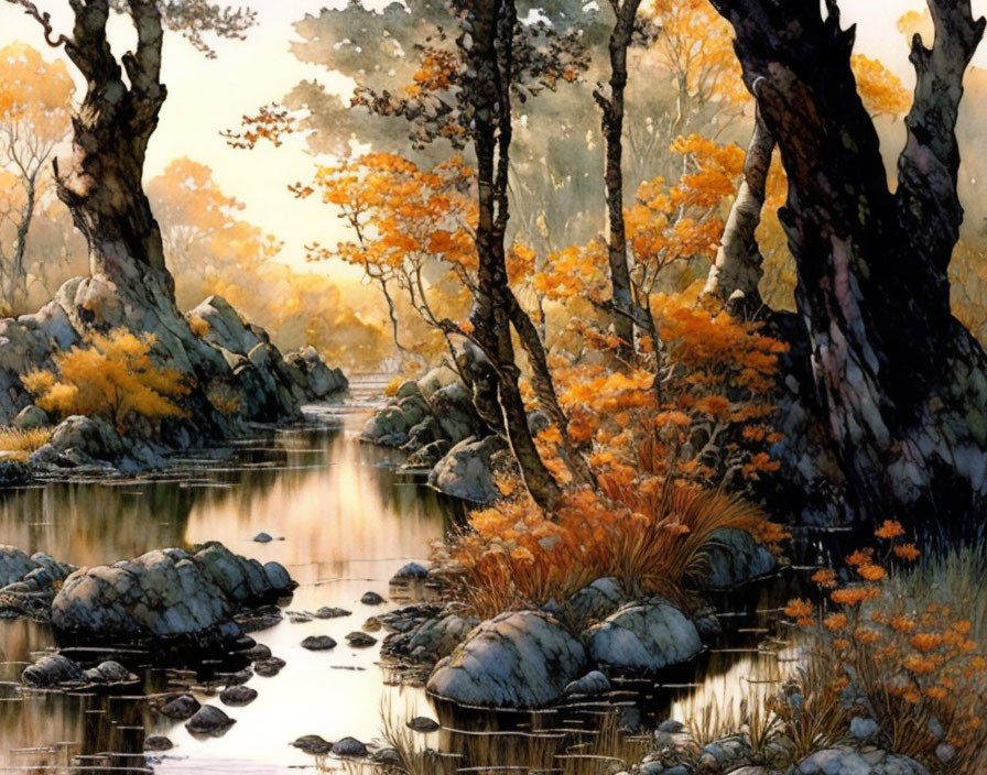 Tranquil forest scene with stream and autumn foliage.