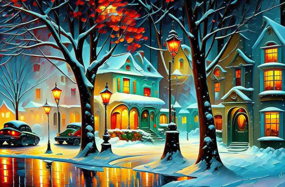 Snowy Evening Painting: Colorful Houses, Bare Trees, Street Lamps, Vintage Cars