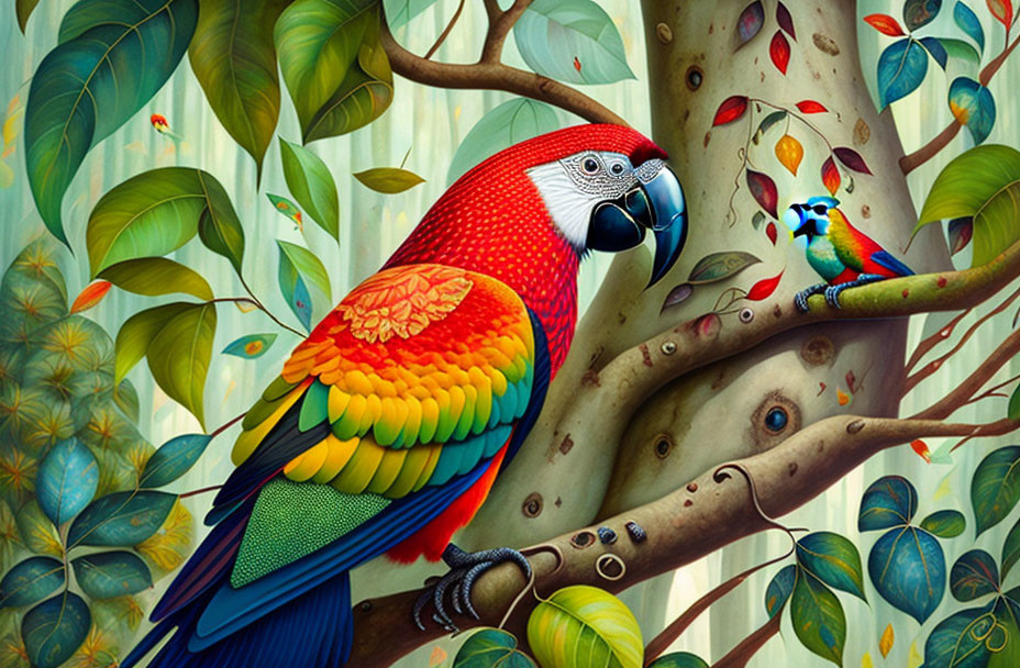 Colorful illustration of red macaw and blue bird on branch with lush green leaves