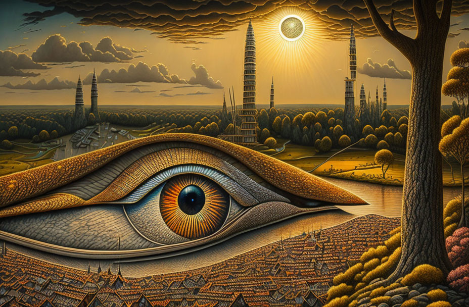 Surreal landscape with integrated eye, rolling fields, tree, towers, and reflective sun.