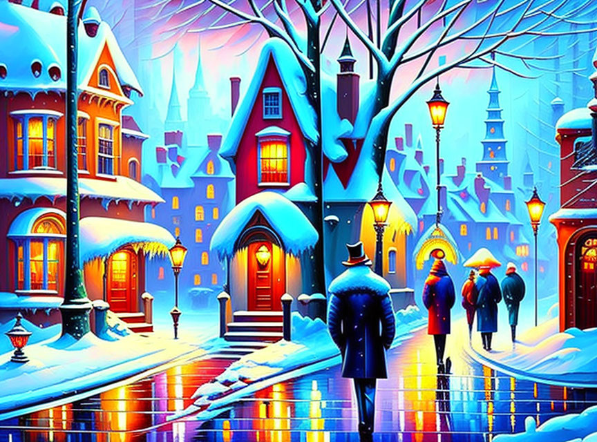 Colorful Winter Scene with Snowy Trees and People Walking