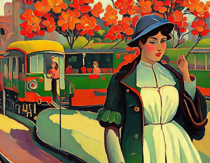 Stylized painting of woman in vintage clothing with tram and passengers in vibrant autumn setting