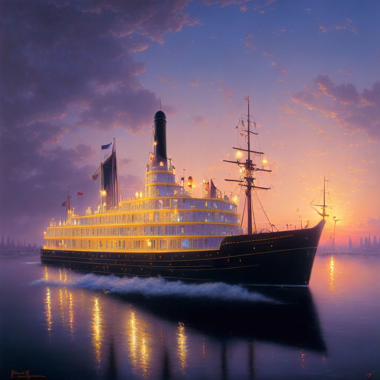 Vintage steamboat sailing misty waters at dawn or dusk