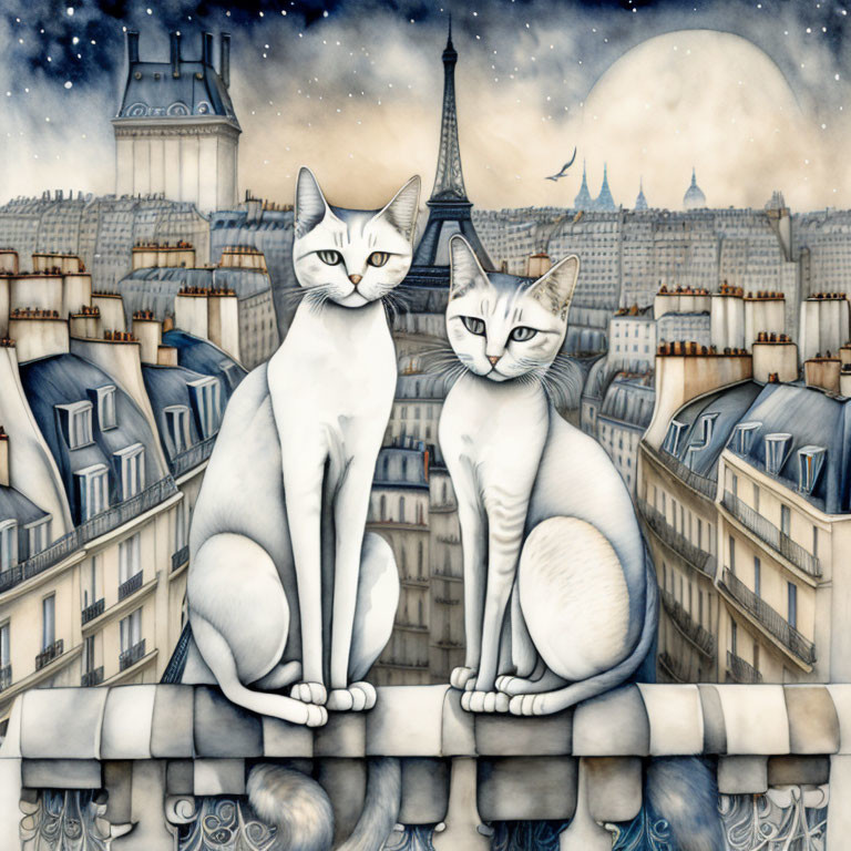 Illustrated cats on Paris balcony with Eiffel Tower and vintage buildings.