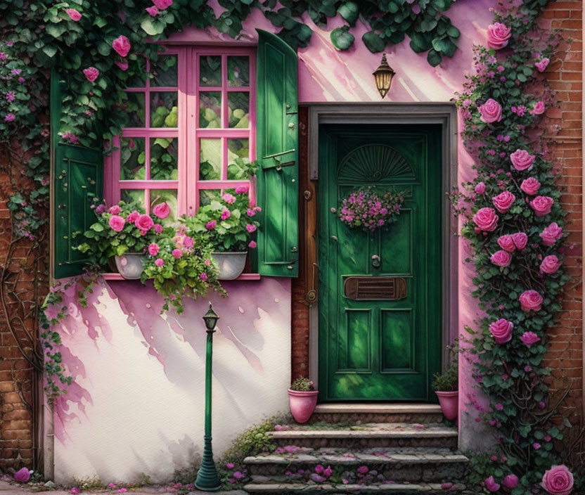 Green door, window shutters, ivy wall, pink roses, street lamp in a quaint entrance