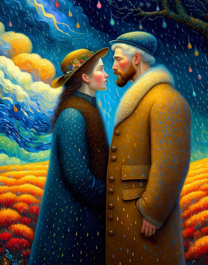 Stylized vintage couple painting with starry sky and wheat fields