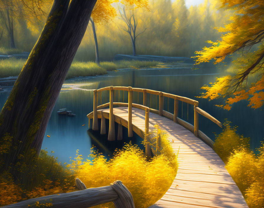 Tranquil autumn landscape with wooden bridge over pond surrounded by golden foliage