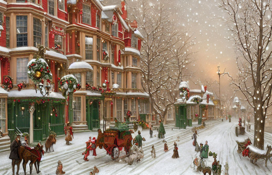 Victorian-themed Christmas street scene with snow-covered buildings, horse-drawn carriages, and festive decorations