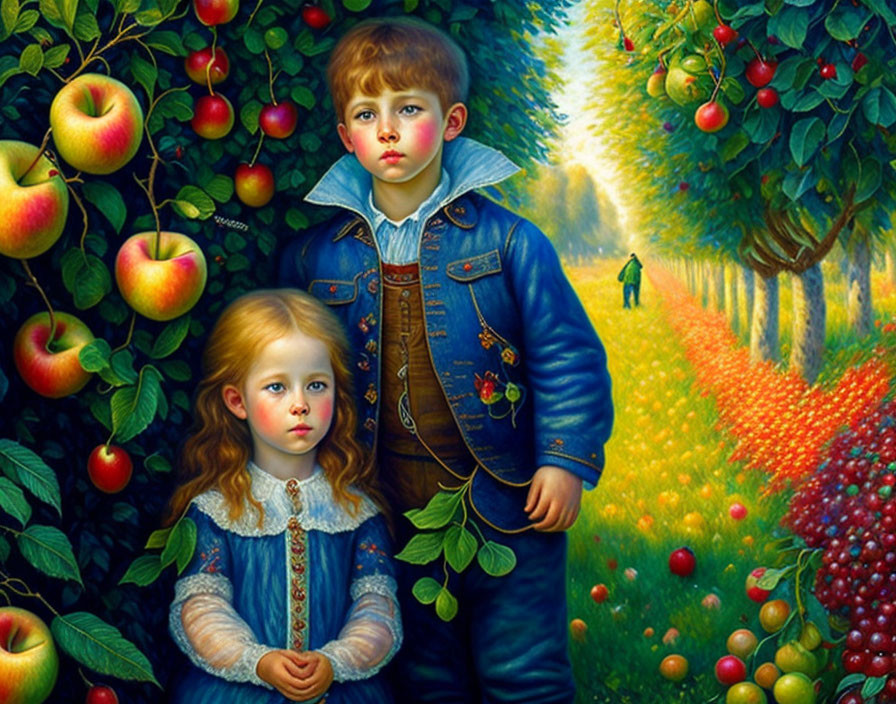 Artistic portrayal of children in orchard with lush greenery and ripe apples.