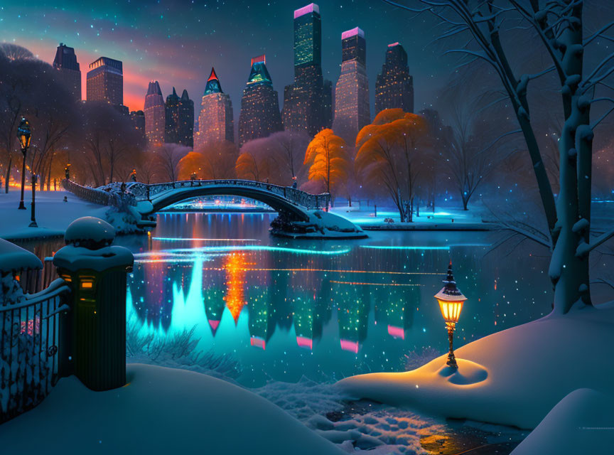 Snow-covered park with river, bridge, and city skyline on tranquil winter night