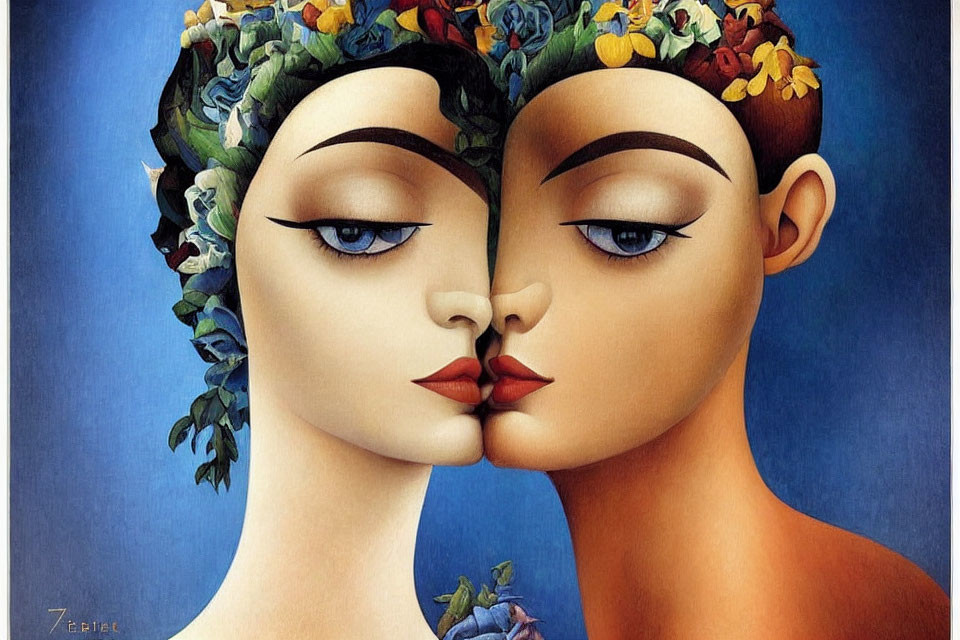 Surrealist painting of two faces in profile, joined at lips, one with floral headpiece,