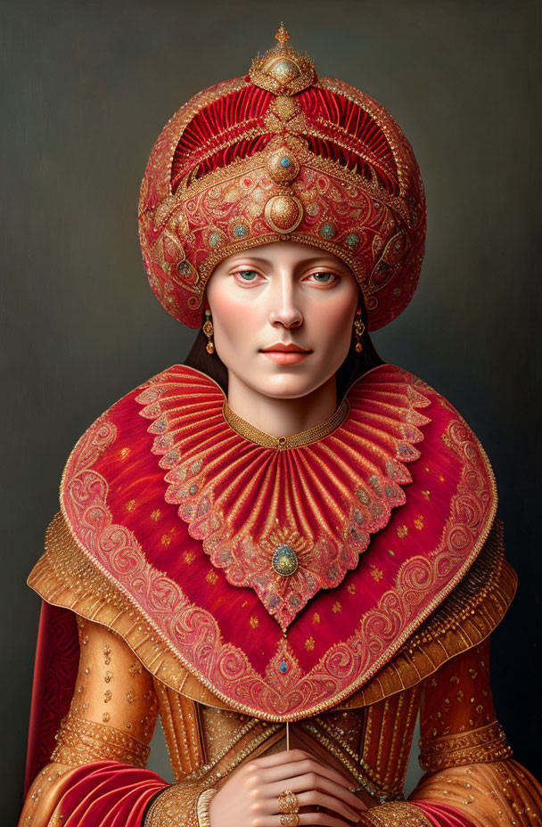 Traditional Attire with Red Turban and Ornate Collar